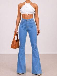 Beige Flare Pants, Bell Bottom, Nude Flare Pants With Lycra, High Waist, Women's, Butt-Lifting, Comfortable, Versatile, Casual, Elegant, Country Style - 克拉拉 - 查看 1