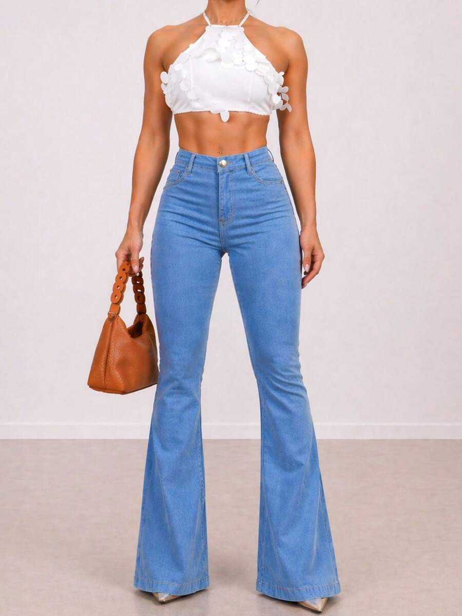 Beige Flare Pants, Bell Bottom, Nude Flare Pants With Lycra, High Waist, Women's, Butt-Lifting, Comfortable, Versatile, Casual, Elegant, Country Style - 克拉拉 - 查看 1