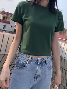 Short Sleeve T-Shirt, Solid Color, New Summer Style, Slim Fit, Versatile Round Neck Top Casual - Dark Green - View 4