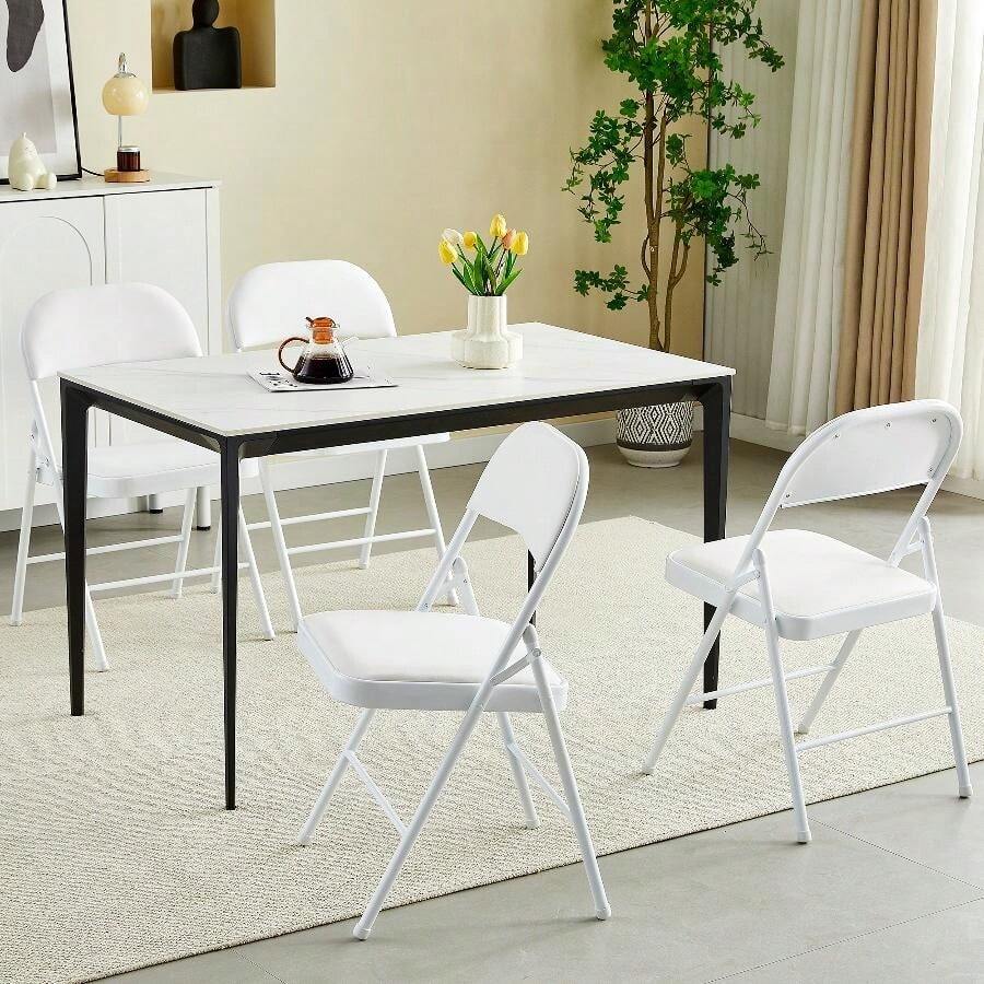 Set Of 4 Folding Chairs, Faux Leather Foldable Chairs With Metal Frame And Padded Seat, Easy To Fold And Store For Home, Office, Dining And Reception - White - View 1