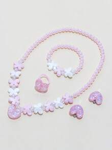 Set de 5 piezas de joyería con flores y mariposas para niñas, incluye collar, pulsera, anillo y aretes, adecuado para fiestas, regalos de cumpleaños y uso diario - Multicolor - Ver 7