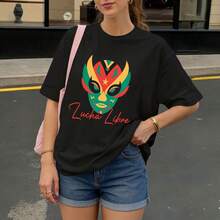 Camiseta Negra con Estampado de Máscara de Lucha Libre para Mujer Casual - Negro - Ver 3