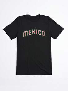 Camiseta Oversize Negra con Estampado Mexico para Mujer Casual Verano - Negro - Ver 2