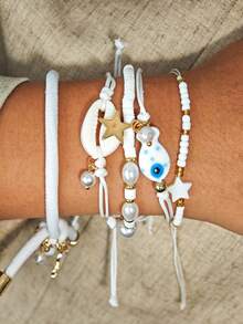 5pcs/Set Cute Cartoon Octopus, Shell, Ceramic Fish Stretch Bracelets, Suitable For Women Daily, Vacation, Shopping Outfit - White - View 4