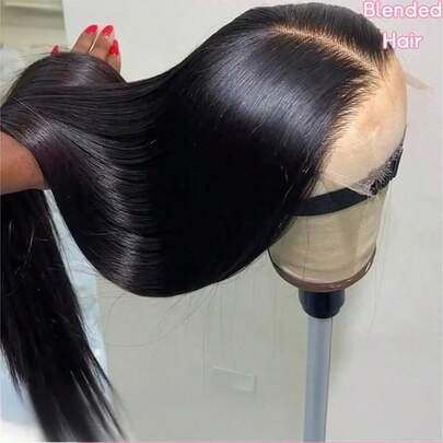 PQL 34 Inch 13X4 Straight Glueless Human Hair Blend Wig 200% Density HD Lace Put On And Go Closure Frontal Wigs Glueless Human Hair Blend Wig Pre Plucked Pre Cut No Glue Transparent Human Hair Wigs For Women With Baby Hair Natural Color