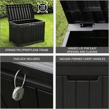 Olsen & Smith 170L Lockable Outdoor Garden Plastic Storage Box Container Chest - Small Lawn Balcony Furniture, Weather Resistant, Wood Panel Effect (Black) - Bkack - View 4