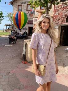 2026 Summer New Arrival French Elegant White Midi Dress, Luxury Embroidery Round Neck Vacation Style Short Dress For Women - Mauve Purple - View 5