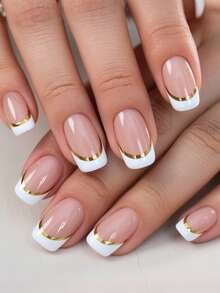 24pcs White French Short Fake Nails With Gold Line Design, Square Acrylic False Nails, Suitable For Women's Daily Wear - Multicolor - View 2