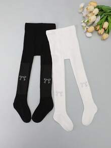 2pcs Girls' Butterfly Rhinestone Solid Vertical Striped Tights, Sweet & Cute, Suitable For Girls' Daily Wear - Black and White - View 3