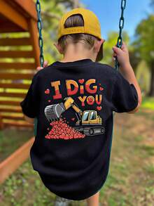 1pc Young BoySummer New Graphic Excavator & Heart Print Short Sleeve T-Shirt, Cute Casual Breathable Outfit For Outings - Black - View 1