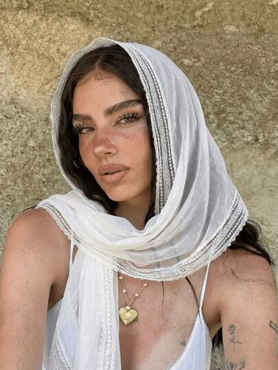 1pc Women's Elegant Solid Color Square Lace Trim Headscarf, Versatile For Headwear, Shawl And Hair Accessory, Suitable For Muslim, Fashionable Casual Summer Accessory,Travel Essential,Holiday