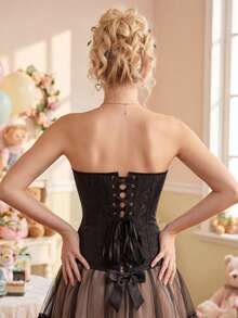 Corset Tops For WomenLace Up Corset Top, Floral Jacquard Lace Up Corset,Women's  Shapewear Corset Bonning - 黑色 - 查看 3