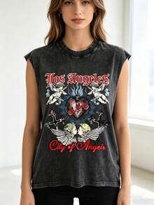 Mens Clothes Sleeveless Tops Men Los Angeles City Of Angels Graphic Tank Top - Y2K Streetwear Muscle Shirts For Men Vest, Summer Outfits Casual Tops With Cherub Heart Print - 黑色 - 查看 2