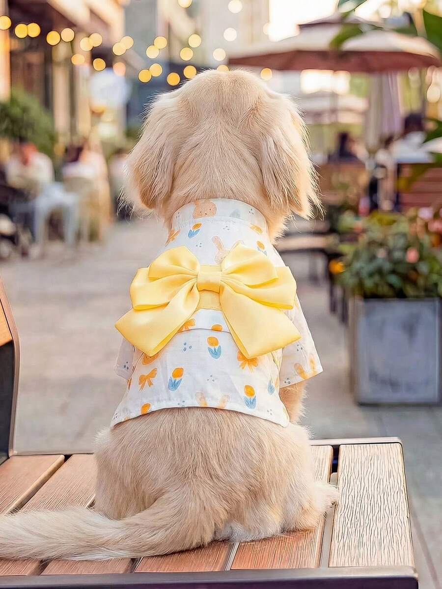 PETCIRCLE 1pc Pet Clothes, Outdoor & Indoor Apparel, European & Korean Style, Suitable For Poodle, Teddy, Small Dog & Puppy, Casual Yukata - Yellow Bow Tie - Multicolor - View 1