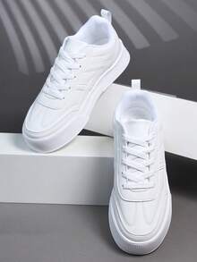Men's Sneakers, Breathable All-Season Multi-Function Non-Slip Thick Sole Pure White Casual Leather Lace-Up Low-Top Oversized Sports Shoes - White - View 4