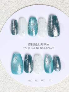 Conjunto de 10 Unhas Artesanais Formato Caixão Olho de Gato Azul de Cobertura Total, Decoradas com Estrelas e Lua, Reutilizáveis, Disponíveis em Quatro Tamanhos, Adequadas para Meninas/Mulheres, Atrizes, Apresentações, Festivais, Festas, Casamentos e Uso Diário. - Azul menta - Visão 3