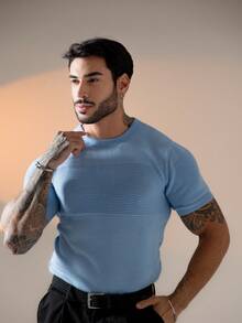 Men's Textured Short-Sleeved Knit T-Shirt With Crew Neck, Summer Chic Premium Style. - 淺藍色 - 查看 3
