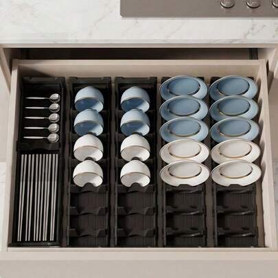 1pc Expandable Drawer-Style Cutlery Organizer, Adjustable Plate & Bowl Holder Rack, Suitable For Cabinet, Countertop, Pot Lid Rack, Bowl Rack, Knives, Forks, Chopsticks, Spoons And Utensil Storage Box, Kitchen Accessories, Kitchen Decor, Space-Saving Kitchen Storage