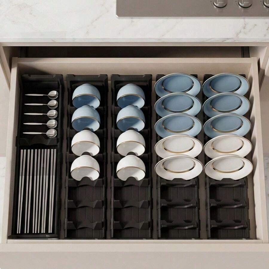 1pc Expandable Drawer-Style Cutlery Organizer, Adjustable Plate & Bowl Holder Rack, Suitable For Cabinet, Countertop, Pot Lid Rack, Bowl Rack, Knives, Forks, Chopsticks, Spoons And Utensil Storage Box, Kitchen Accessories, Kitchen Decor, Space-Saving Kitchen Storage