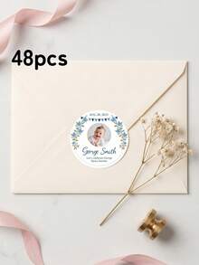 12/24/48pcs Personalized Photo Stickers, Customizable With Names, Birthday Party Decorations, Blue Floral Patterns, Circular Labels, Back To School - Multicolor - View 7