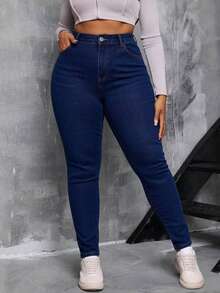 Curvy Size Skinny Jeans In Dark Wash Denim, Medium Stretch - Deep Blue - View 2