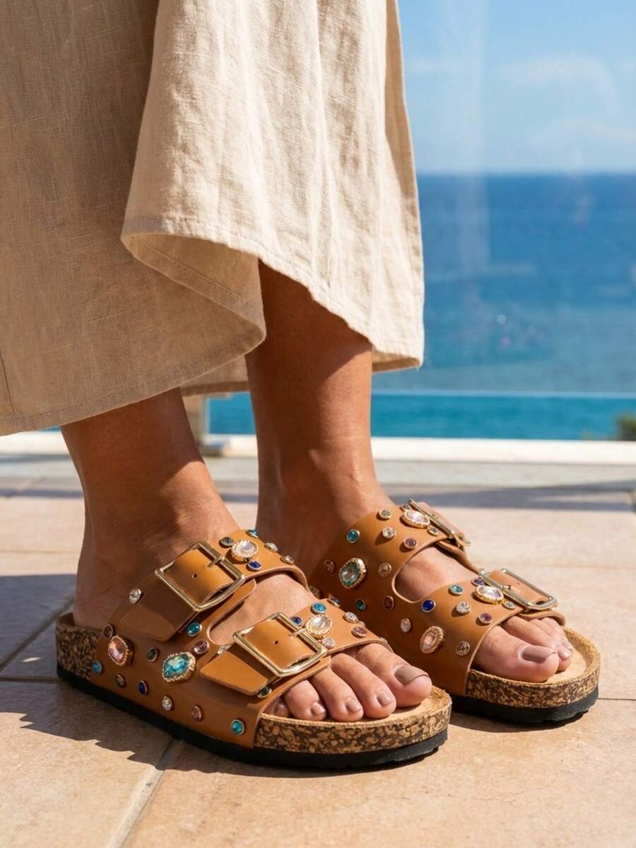 Sandalias de tacón abierto con doble tira, de fácil deslizamiento, zapatos de verano, zapatos de primavera para vacaciones de primavera y Pascua - Camel - Ver 1