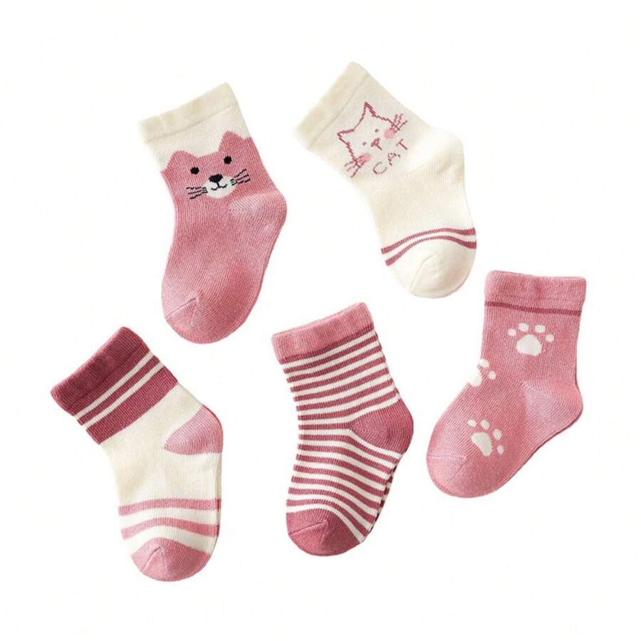 5 pares de calcetines casuales para niñas bebé con diseño de pata de gato y rayas, suaves y transpirables, calcetines cortos con patrón de animal de dibujos animados rosa, adecuados para uso diario de niños pequeños - Rosado Sandía - Ver 1