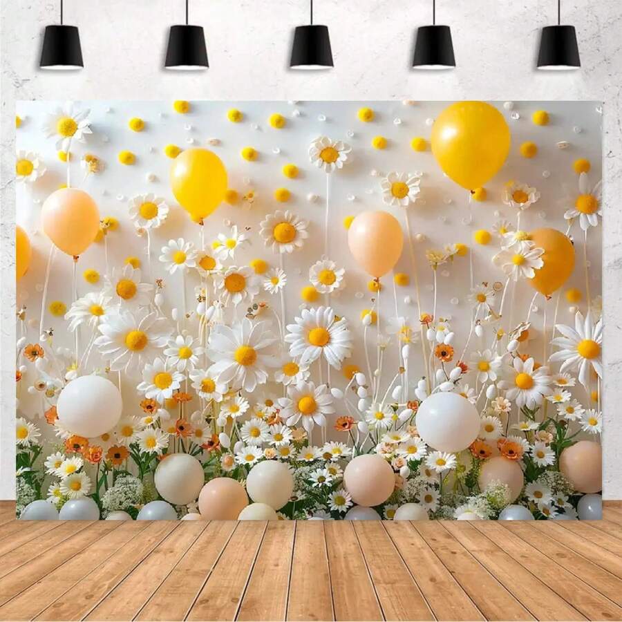 2D Flat, 1-Piece Polyester Photo Backdrop, Garden Style Sunflowers & Balloons, Suitable For Photography, Birthday Party Decor, And Portrait Backgrounds, Applicable For Spring Scenes - 1 - View 1