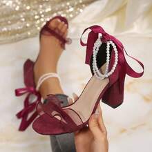 Burgunderrote Perlen-Schleife Chunky High Heel Sandalen - Bordeaux - Übersicht 14