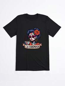 Camiseta Negra con Estampado de Calavera y Texto La Chismosa para Mujer Casual - Negro - Ver 2