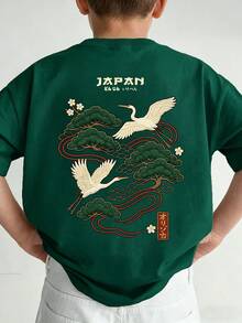 1件装男童日式仙鹤印花短袖T恤，夏季新品，日本国旗刺绣仙鹤图案，前后双面印花设计，宽松圆领，柔软透气面料，适合大龄儿童的街头休闲T恤 - 墨綠色 - 查看 1