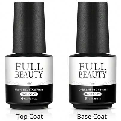 FULL BEAUTY 2盒7毫升底油和亮油，适用于凝胶指甲油，透明亮泽，可卸除，持久指甲油