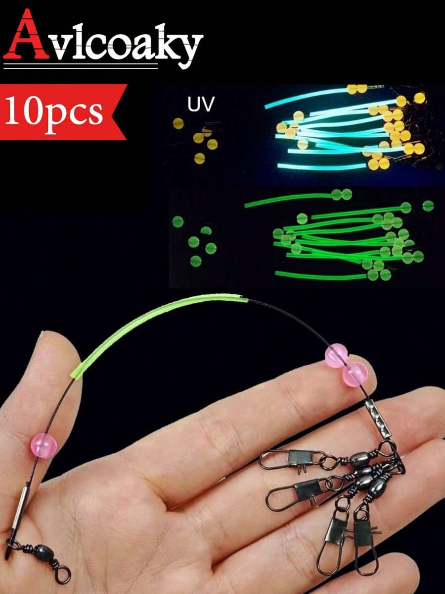 Avlcoaky 10pcs/Set Fishing Wire Leader With Green Luminous Beads - Multi-Snap Anti-Tangle Rig For Sea Lake River Fishing - Multicolor - View 1
