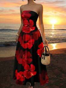 Vestido bandeau con cintura ceñida y estampado de lunares, estilo vacacional - Multicolor 9 - Ver 7