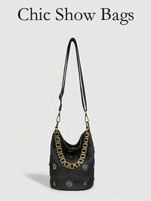 Sac seau à clous design de niche, sac à bandoulière effet denim d'été, nouveau sac à bandoulière polyvalent de style chinois à la mode pour le travail, les déplacements et les sorties décontracté pour femmes - Noir - Voir 2
