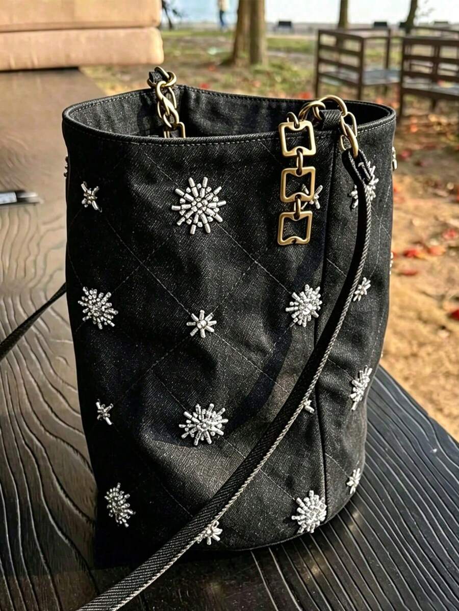Sac seau à clous design de niche, sac à bandoulière effet denim d'été, nouveau sac à bandoulière polyvalent de style chinois à la mode pour le travail, les déplacements et les sorties décontracté pour femmes - Noir - Voir 1