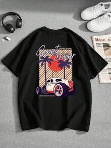 T-shirt à manches courtes col rond décontracté pour adolescents garçons avec imprimé graphique de voiture de dessin animé & palmier, convient aux garçons & filles, plage, vacances, camping, port quotidien - Noir - Voir 2