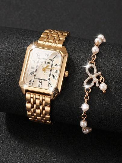 Bộ 4 món JUSMI Luxury Exquisite Gold Small Square Dial dành cho nữ, đồng hồ đeo tay thạch anh mặt số trắng La Mã cổ điển + vòng tay đính kim cương, mang đến vẻ ngoài thanh lịch, sang trọng, hoàn hảo cho mọi dịp như đi làm, hẹn hò và dự tiệc. Phụ kiện cao cấp tinh tế, lý tưởng để đeo cá nhân và làm quà tặng sinh nhật, Ngày của Mẹ, Ngày Valentine. Không bao gồm hộp. 2 món/bộ.