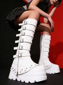 Botas altas de mujer con estilo Y2K, de metal negro, estilo punk, combinación de plataforma alta, botines hasta la rodilla con cremallera y hebilla, leggings, botas de estilo navideño y de Halloween - Blanco - Ver 3