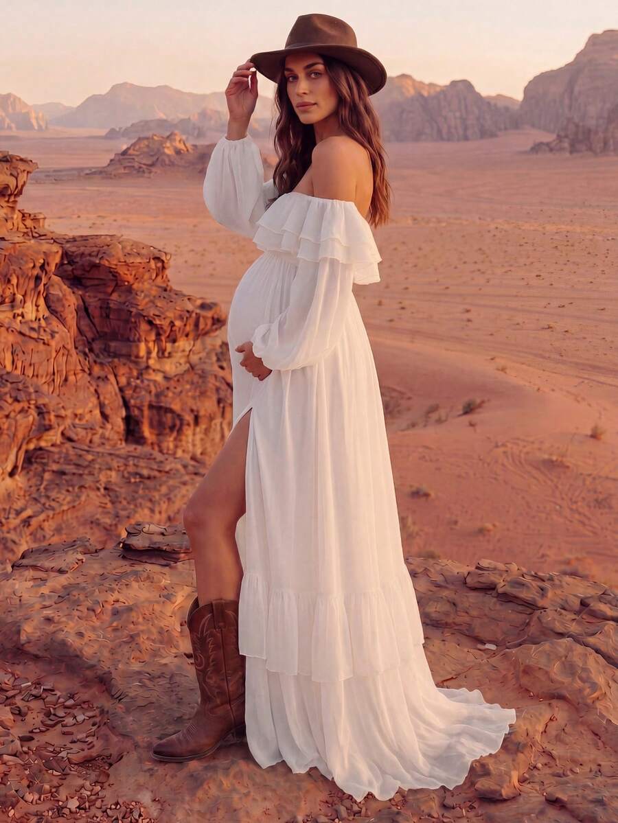 Maternity Off-Shoulder White Long Sleeve Ruffle Hem Dress, High Slit Loose Flowy Pregnancy Photoshoot Formal Gown Fall - White - View 1
