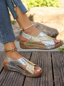 Sandal Selop Wanita Motif Bunga Bordir, Hak Wedges Empuk yang Nyaman, Sol Poliuretan yang Bernapas, Berbagai Motif, Sepatu Pantai, Sepatu Musim Panas - Emas dan perak - View 3