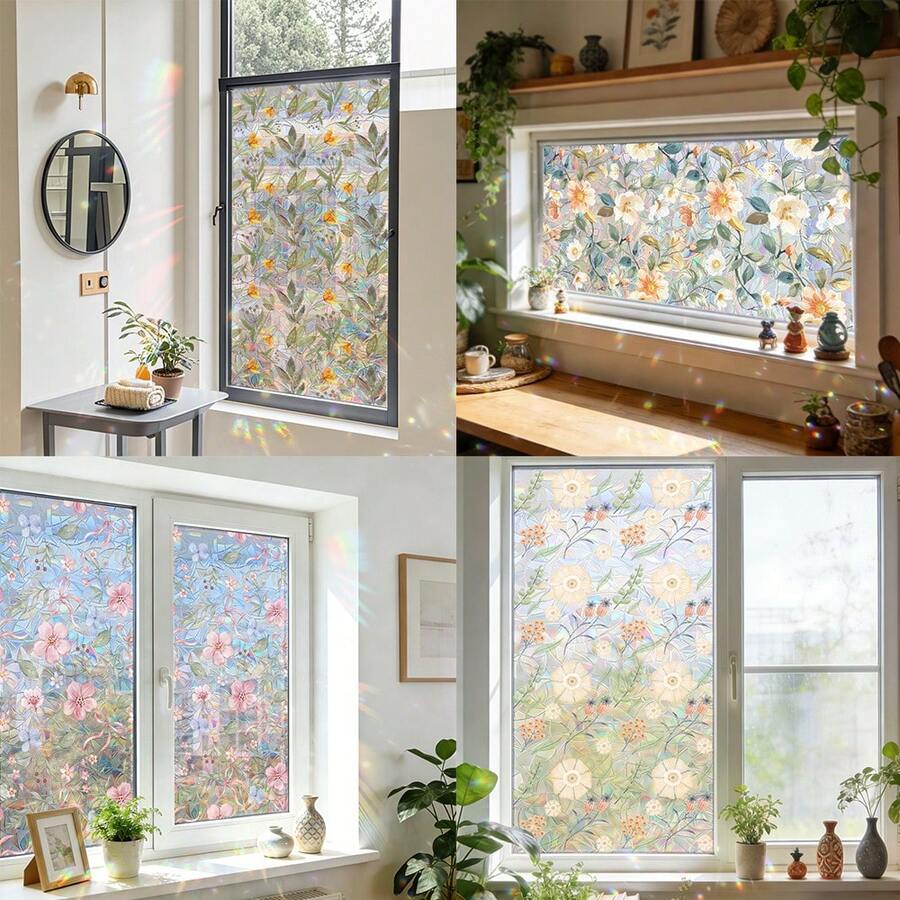 1/4pcs Colorful Floral Pattern Glass Sticker, Static Cling Privacy Window Film, Non-Transparent Decorative Film For Home Bedroom Living Room Kitchen Bathroom Door And Window