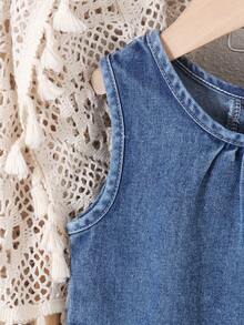2件套女童街头风花卉刺绣无袖牛仔圆领背心+配套弹力腰直筒牛仔裤套装，夏季 - 深色水洗藍 - 查看 4