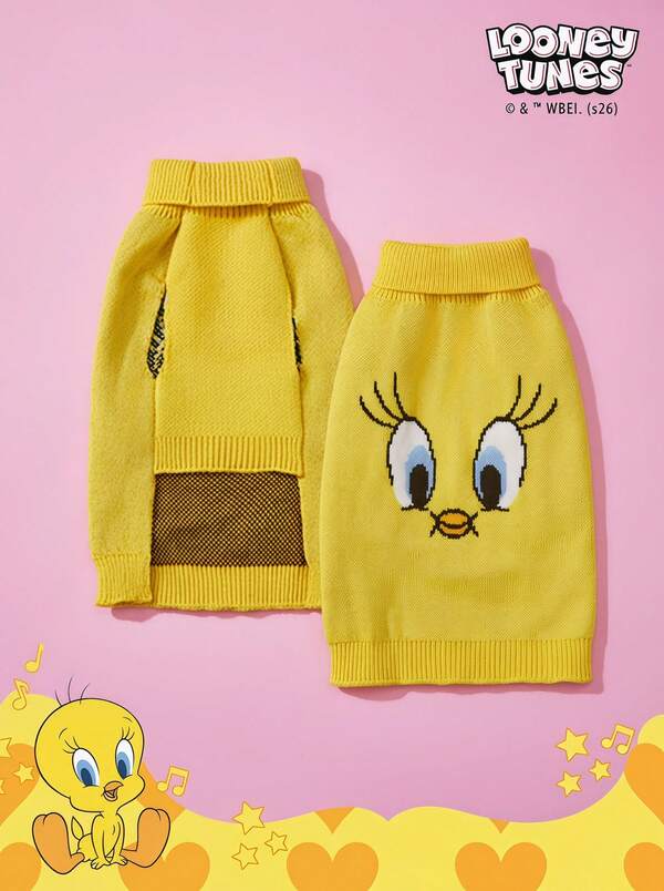 LOONEY TUNES X PETSIN 1件宠物猫狗通用棕色杰瑞卡通图案提花高领弹力舒适保暖狗毛衣