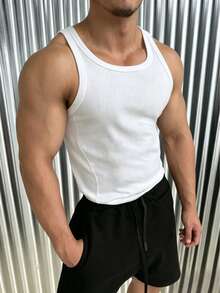 Men's Casual Fashionable Elastic Fitted Contrast Color Tank Top - White - View 4