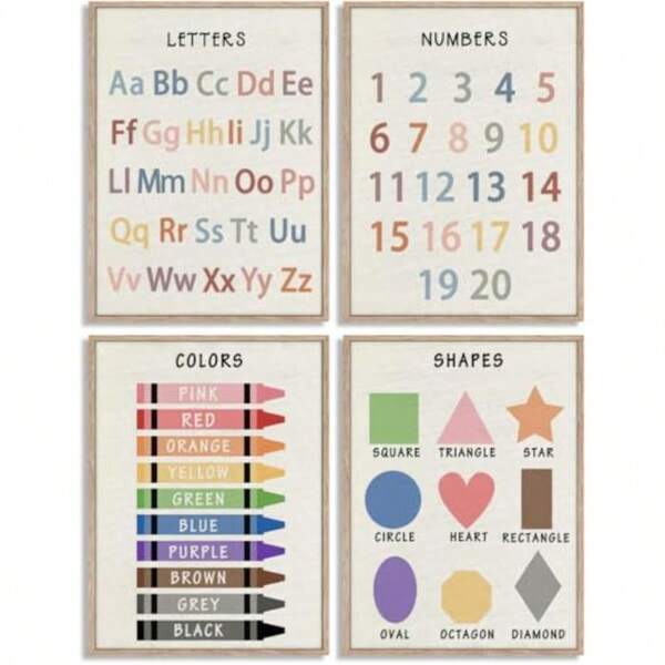 4 piezas de arte de pared de lienzo para el aula de guardería, carteles educativos de preescolar con aprendizaje de formas, colores, números y alfabeto, pinturas decorativas para la pared del cuarto de juegos en el hogar, sin marco, 8x10 pulgadas