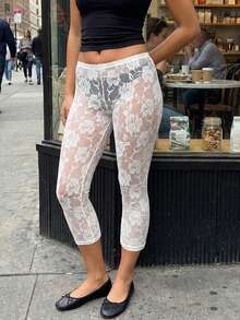 Women's Summer Leggings, Plain Color, Floral Lace, Sheer, Long, With Elastic Waistband, High-Waisted Pants, Vintage Slim Fit, Wild And Modern Style. - 白色 - 查看 2