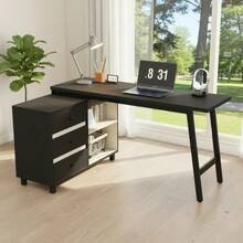 150 X 100 X 76 Cm L-Shaped Desk With Three Drawers, Two Open Storage Compartments, Tubular Steel Legs, Spacious Tabletop, Black And White. - Black - View 3