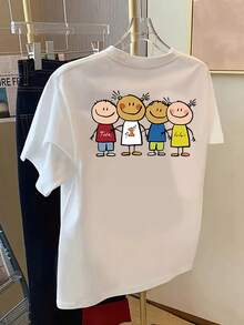 Talla unisex. Camiseta de algodón de verano de talla grande para mujer. Camiseta de manga corta con estampado frontal y trasero - Día del Niño, estampado de moda de amistad - Camiseta de mujer con estampado de moda primavera/verano, artículo de moda. Material absorbente de sudor, suave y agradable para la piel. - Blanco - Ver 4