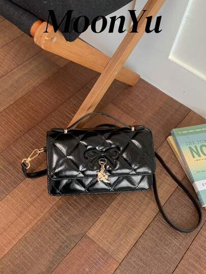 Women's Square Handbag, Fashion Elegant Versatile Cute Bow Design, Shoulder/Crossbody Bag, Black, Suitable For Shopping, Commuting, Dating